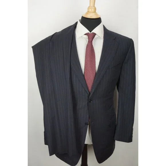 Canali Brown Label Blue Striped 100% Wool 2 Pc Suit Jacket Pants Sz 44L